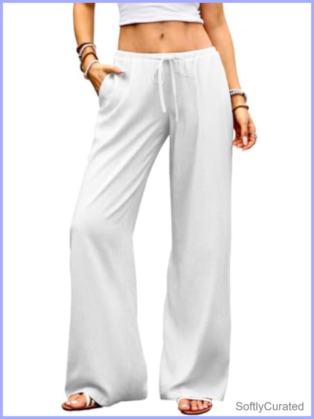 Wide Leg Linen Pants Low Rise Drawstring Palazzo Trousers